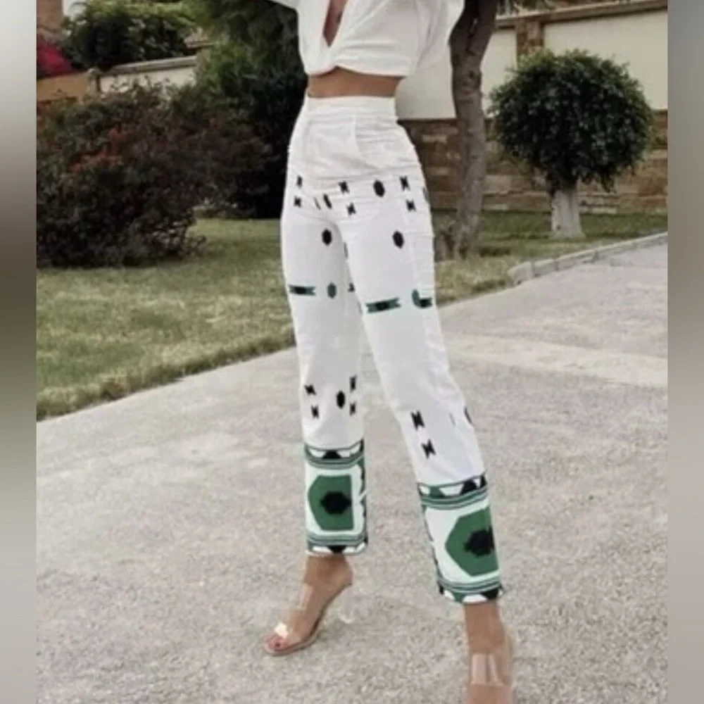 Zara Embroidered High Rise Waist Linen Crop Straight Beige Green Pant Womens M